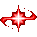 Four red pixelated starburst shapes with white centers and trailing curved extensions on a gray background.
