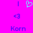 A static pixel art image with a bright pink background, featuring a cyan heart symbol, two blue vertical lines, two blue '<3' symbols, and the text 'Korn' in blue at the bottom.