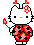 Pixel art of a white cat character with red bow, black eyes, orange nose, and ladybug-patterned dress holding a flower.