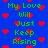 Blue background with green text and red pixel hearts repeating in a pattern