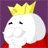 Pixelated cartoon character with white face, yellow crown, and red clothing against purple background.