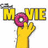 Yellow cartoon hand holds pink donut over yellow 'MOVIE' text on white background; yellow text reads 'The Simpsons Movie' and 'Is In Cinemas Now!!!'