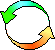 Three animated frames of a circular rainbow-colored arrow icon on gray background, showing sequential color transitions in the arrows' gradient.