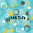 Pixelated static image with light blue background, scattered yellow and gray circular shapes, and black lowercase text 'justin' centered.