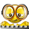 Yellow cartoon character with large round glasses and a keyboard, performing hand movements