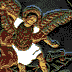 Animated angel with brown wings and white garment, holding a sword in dark background; static figure on light green backdrop; side view of bearded man in tan robe; downward-facing winged figure; haloed figure holding staff against blue sky.