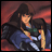 Pixelated anime-style character with long dark hair and blue clothing, holding a golden object against a red and black background with text reading "Anime IM" and "com".