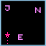 Animated sequence of pixelated text 'JEN' with pink stars and dotted lines on black background, transitioning through various letter arrangements.