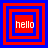 Four red and blue square frames with 'hello' text in white, each frame showing different nested layer arrangements.