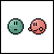 Pixelated green and pink circular characters shift positions, change expressions, and interact across on a white background