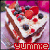 A pixelated image of a layered cake slice topped with strawberries and blueberries, displayed in a