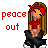 Pixel art buddy icon featuring a cartoon character with long brown hair and red headband, wearing red shirt and black pants, next to red text reading "peace out" on white background.