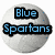 Four circular icons with gray backgrounds display text: 'Blue Spartans', '123.4', and a vertical list of words including 'BUMP', 'SET', 'SPIKE', 'SCORE!'.