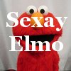 Static image of a red Sesame Street character with large eyes and an orange nose overlaid by white text reading "Sexay Elmo" on a light gray background.