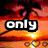 Pixelated beach scene with palm trees, sunset sky, and text overlays 'only', 'in', 'summer' across four