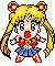 Pixelated anime character with blonde pigtails and bear ears, wearing red top and blue skirt, in multiple poses including open mouth, wink, and behind bars.