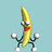 Pixelated yellow banana character with large white eyes, red mouth area, black limbs, and four spherical white feet against light blue background.