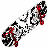 A pixelated skateboard with red accents and black-and-white patterns, positioned above green text reading 'Skatin' Pothead' on a white background.