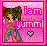 Pixel art buddy icon featuring a cartoon character with brown hair and green clothing against a pink background, with text reading 'iam yummi' and a heart symbol.