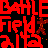 Red pixelated text on black background with small brownish-red splatter near right edge.