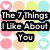 A static image with a polka-dot background featuring pink, orange, green, and blue circles. Black text in bold font lists phrases about liking someone's features.
