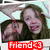 Two people in a selfie pose with light blue background, red text overlay reading 'Friend<3' visible in one frame.