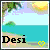 Pixelated beach scene with palm tree, sun, and ocean; text 'Desi' on sand; yellow heart symbol changes from outlined to filled.