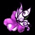 Pixelated purple butterfly with white accents on black background, next to pixelated purple text reading 'butterfly light in the sky'.