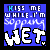 Blue background with white text reading 'KISS ME WHILE I'M Sopping WET.' in pixelated font, showing animation progression from solid to water-drip effects.