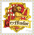 Gryffindor house crest with lion rampant, red and gold colors, banner text 'Gryffindor', pixelated style on white background.