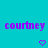 Cyan background with two purple pixelated 'courney' text blocks and two purple pixelated heart symbols below them.