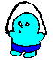Pixelated blue cartoon character in blue shorts performing various actions including jump rope, head tilt, and mouth movements against gray background.