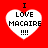 Red background with four white heart-shaped icons, each containing black text "I LOVE MACAIRE !!!" in pixelated font.