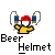 Pixelated character in yellow shirt and red helmet with blue side pieces, holding arms up against gray background; text "Beer Helmet" below.