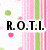 Pixelated text on a striped background with green and pink dots.