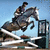 A pixelated image of a rider on a horse jumping over an obstacle with text elements arranged around it.