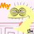 Yellow cartoon character with spiky hair and binoculars, smiling against a pink background with red stripes.