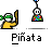 Animated contact sheet of a yellow stick figure character with green headband swinging a brown stick at a colorful striped pinata, showing frame-by-frame motion from impact to destruction.
