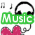 Animated icon shows a cartoon character with headphones, pink chest, and musical notes; text changes from "Music" to "Is My" to "Life".
