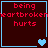 Four display red text 'being heartbroken hurts' on dark backgrounds with blue borders, each containing distinct heart symbols