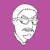 Pixelated grayscale face with glasses on a solid magenta background, rendered in low-resolution digital style.