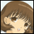 A pixelated anime-style character face with brown hair and a black background featuring text elements.