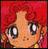 Pixelated close-up of a character with large eyes, red hair, and a red background, rendered in a chibi style with visible pixelation.