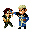 Pixel art animation of two characters: one with dark red hair in green clothing, the other with light hair in blue and brown clothing, performing a sequence of actions against a gray background.