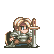 Pixel art character with light brown hair and armor performs a sword attack animation, emitting blue and yellow sparkles against gray background.