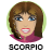Pixelated circular icon of a woman with brown hair, blue eyes, and pink lips wearing a magenta top against a light green background.