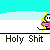 Pixelated character with yellow hair and pink top in multiple poses above repeated text 'Holy Shit' on gray background.