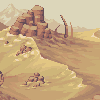 Pixelated desert landscape with sand dunes, rocky formations, and distant mountains under a pale sky.