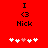 Red background with black text 'I', '<3', and 'Nick' above white and pink pixelated hearts.