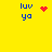 Yellow background with blue text 'luv ya' and red pixel art symbols including a heart, starburst, and scattered dots.